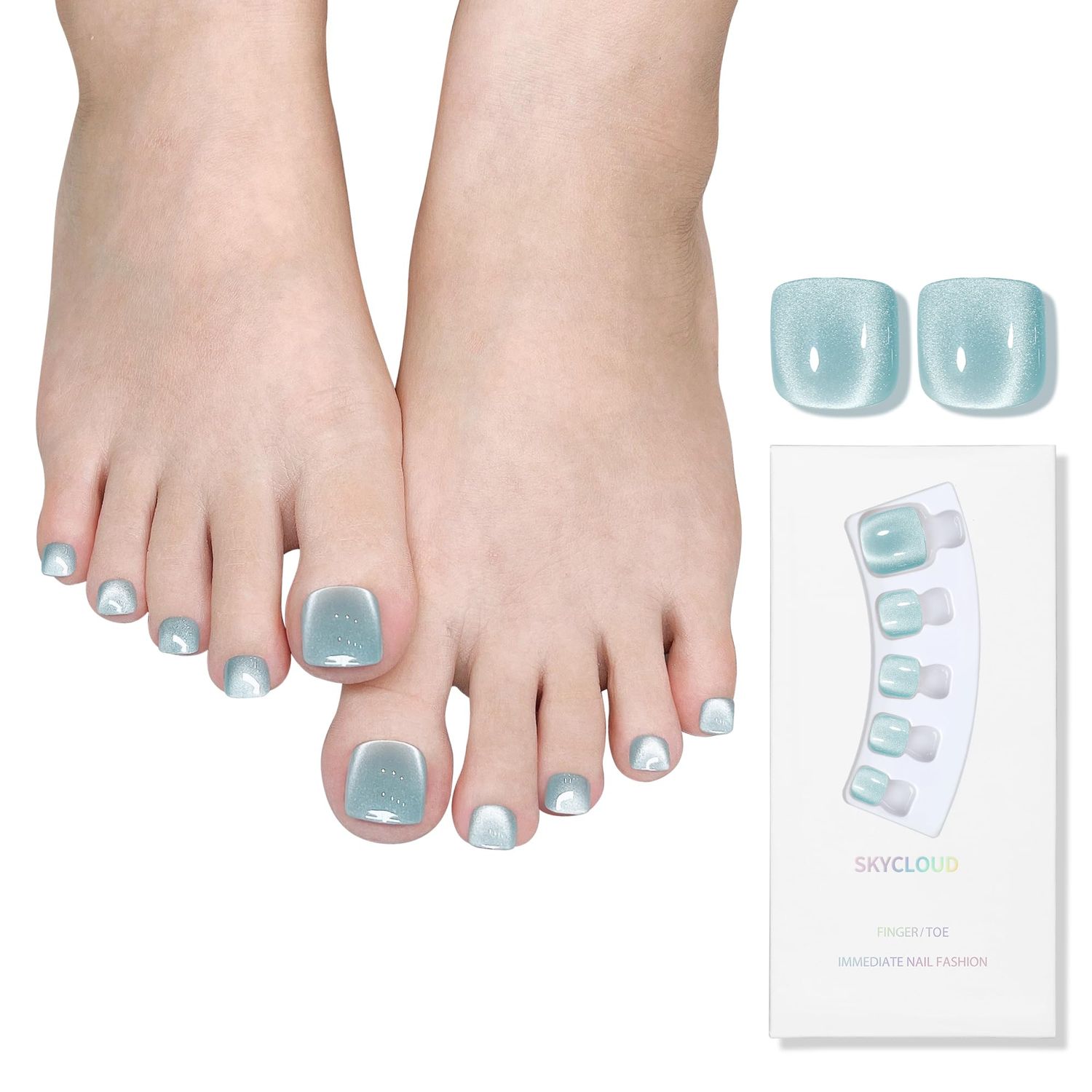 Cat Eyes Press On Toenails,14 Sizes-28 Pcs Soft Gel Blue Short Square Fake Toenails Kit with Toenails Glue, Natural Reusable Stick On False Toenails for Women and Girls (Skycloud Blue Toenails)SK0758