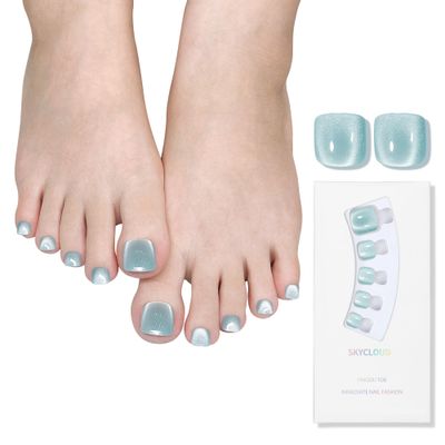 Cat Eyes Press On Toenails,14 Sizes-28 Pcs Soft Gel Blue Short Square Fake Toenails Kit with Toenails Glue, Natural Reusable Stick On False Toenails for Women and Girls (Skycloud Blue Toenails)SK0758