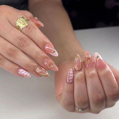 24 Pcs Pink Press on Nails Short Almond 3D Texture Design - YIHONGYAN Spring Acrylic Nail Art Kit Fake Nails Press ons Nail Tips Glue on Nails Full Cover False Nails Flower Stick on Nails for Women