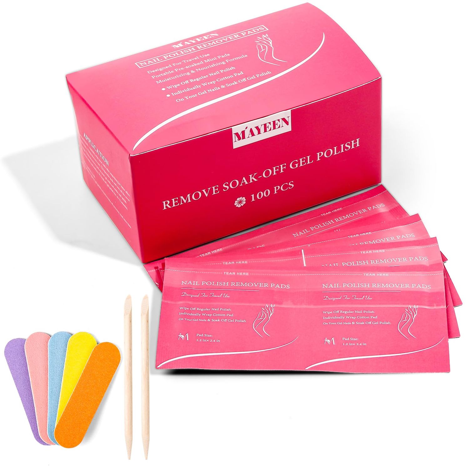 MAYEEN Nail Polish Remover Pads 100 Pack Individually Wrapped Acetone Gel Polish Remover Pads Nail Polish Remover Wipes Travel Pad For Gel &amp; Acrylic Nails Moisturizing &amp; Gentle