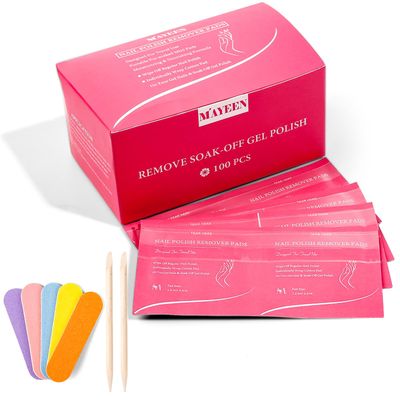 MAYEEN Nail Polish Remover Pads 100 Pack Individually Wrapped Acetone Gel Polish Remover Pads Nail Polish Remover Wipes Travel Pad For Gel &amp; Acrylic Nails Moisturizing &amp; Gentle