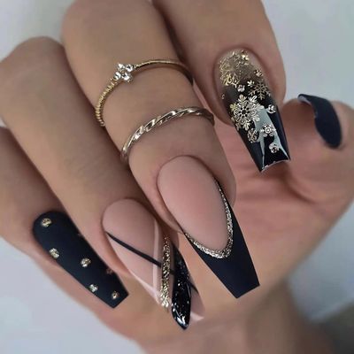 MISUD Press on Nails Long Coffin Fake Nails Matte Glue on Nails Ballerina Acrylic Nails Bling Snowflake Glitter Artificial Nails Black French Tip Stick on False Nails with Design 24 pcs