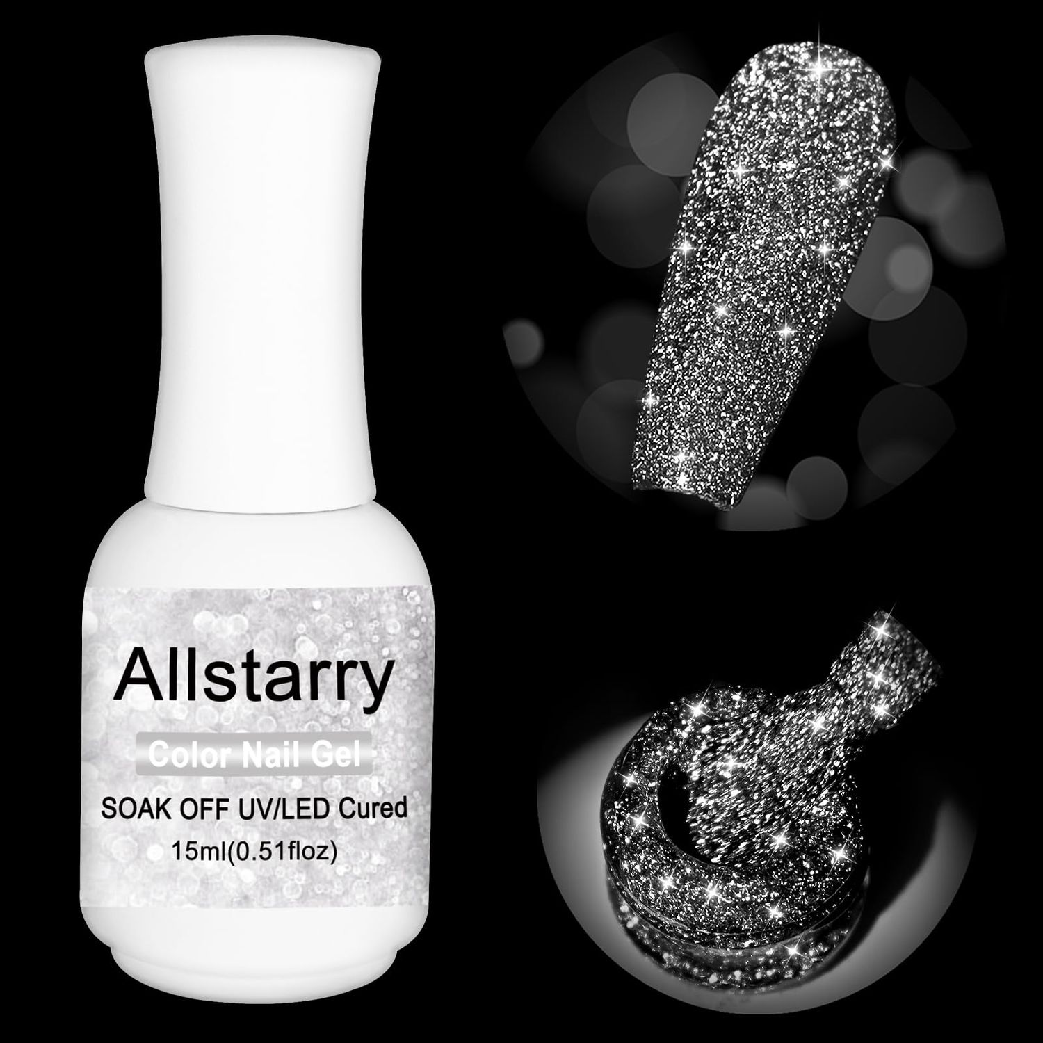 Allstarry Reflective Glitter Gel Nail Polish, 15ml/0.5 Fl Oz Shimmer Sparkle Diamond Glitter Gel Polish UV LED Curing Soak Off Home DIY Nail Salon for Nail Art Disco Party Nightclub Wedding - Silver