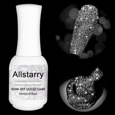 Allstarry Reflective Glitter Gel Nail Polish, 15ml/0.5 Fl Oz Shimmer Sparkle Diamond Glitter Gel Polish UV LED Curing Soak Off Home DIY Nail Salon for Nail Art Disco Party Nightclub Wedding - Silver