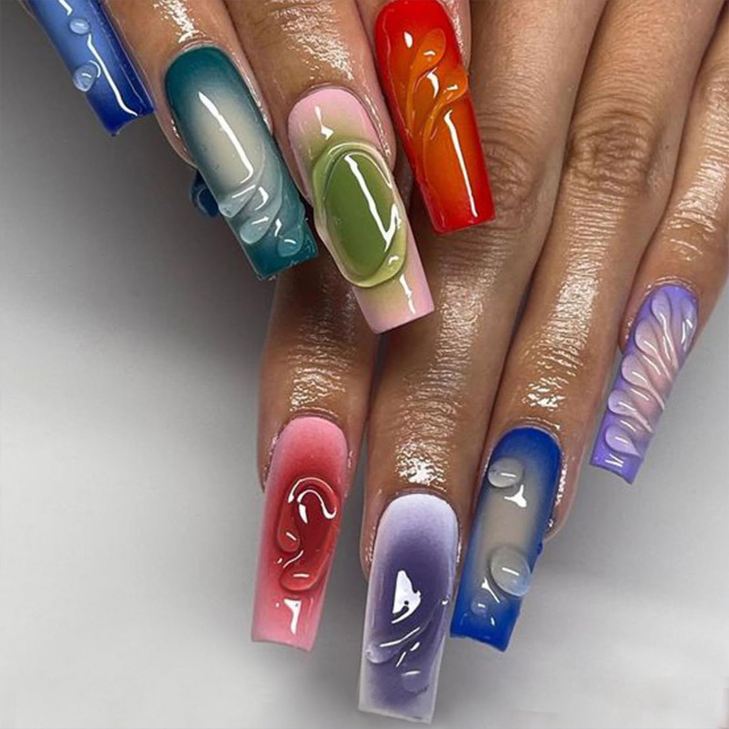 Colorful Gradient Press on Nails Long Square Fake Nails with Three-Dimensional Water Droplet Designs Glossy Ombre Stripe Full Cover Stick on Nails Summer Artificial Acrylic False Nails for Women 24Pcs