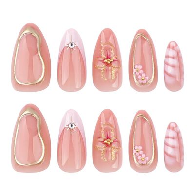 24 Pcs Pink Press on Nails Short Almond 3D Texture Design - YIHONGYAN Spring Acrylic Nail Art Kit Fake Nails Press ons Nail Tips Glue on Nails Full Cover False Nails Flower Stick on Nails for Women