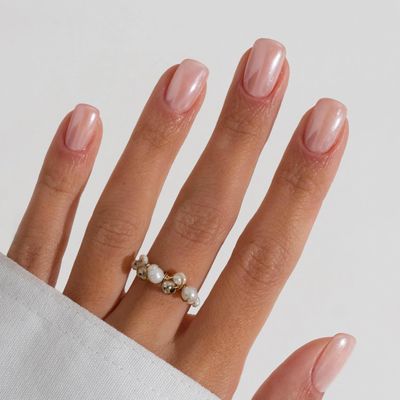 FANLAID Press On Nails Short - Square Nails Press Ons, Pearlescent Nude Glazed Design Glue On Nails, Natural Fit &amp; Reusable Stick On Nails in 12 Sizes - 24 Fake Nails Kit for Women, Pearlescent Nude