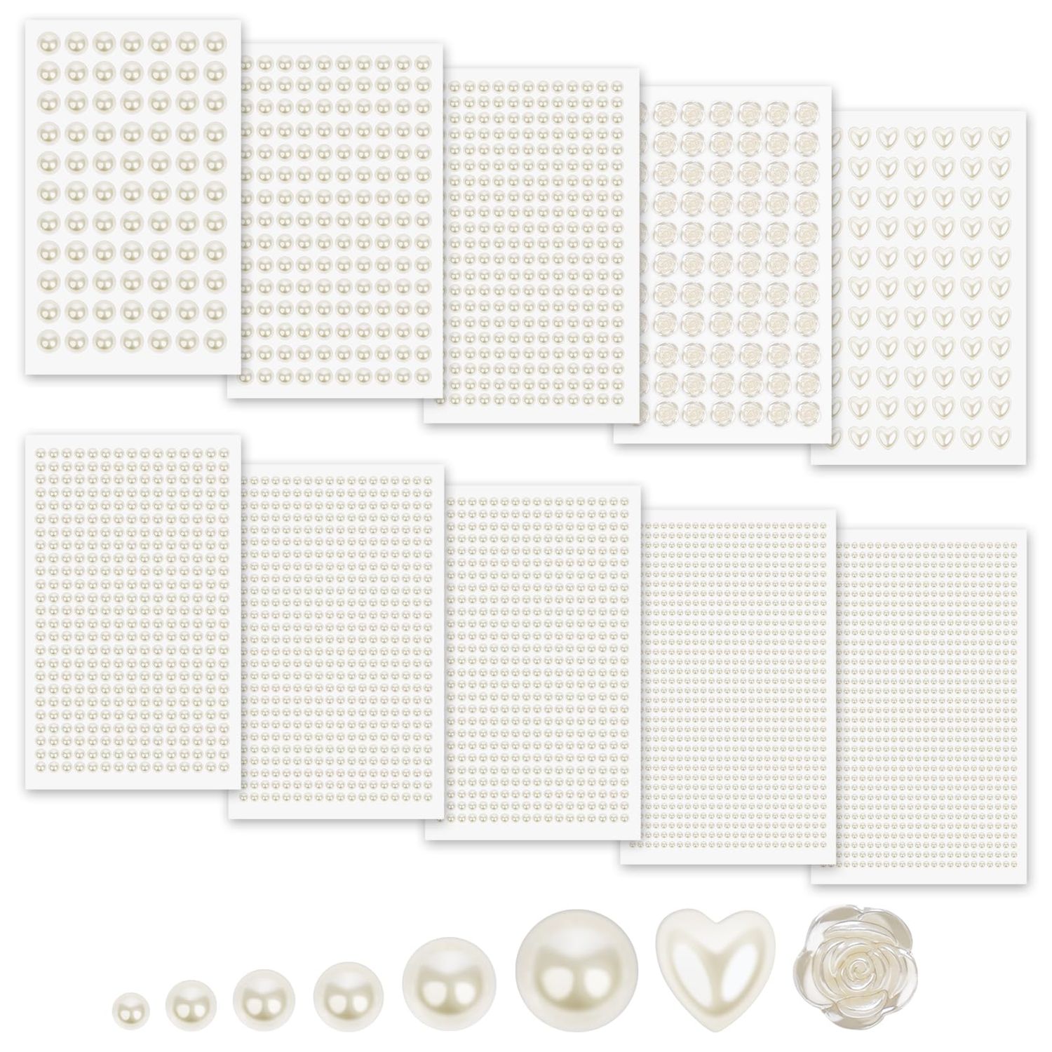 MYDBUYSOME 3701PCS Pearl Stickers Pearls for Crafting - Self Adhesive Pearls for Hair Face Makeup Eye Nail Crafts, Stick On Gems (White, Assorted Sizes)