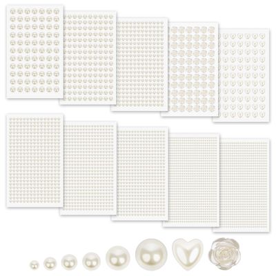 MYDBUYSOME 3701PCS Pearl Stickers Pearls for Crafting - Self Adhesive Pearls for Hair Face Makeup Eye Nail Crafts, Stick On Gems (White, Assorted Sizes)