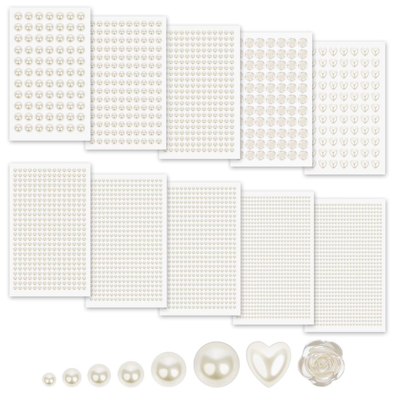 MYDBUYSOME 3701PCS Pearl Stickers Pearls for Crafting - Self Adhesive Pearls for Hair Face Makeup Eye Nail Crafts, Stick On Gems (White, Assorted Sizes)