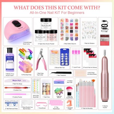 Acrylic Nail Kit Starter Set Acrylic Powder with Nail Drill U V Light Professional Tools with Decoration Everything for Beginners Home Salon Gifts (Clear/White/Nude)
