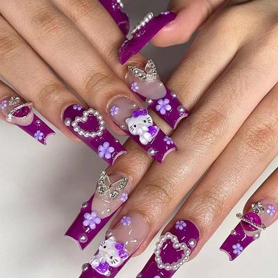 Purple Nails Press on Nails Long Coffin Nails Butterfly Nail Charms Design Purple Fake Nails With Glue Full Cover False Nails Stick on Nails for Women Girls DIY Manicure Tips Cute Nails Decoration