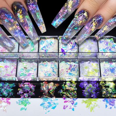12 Grids Mermaid Nail Art Glitter Sequins 3D Holographic Irregular Fragments Cellophane Fragments Nail Sequins Colorful Fluorescent Glass Paper Nail Stickers for Women Girls Acrylic Nail Decoration