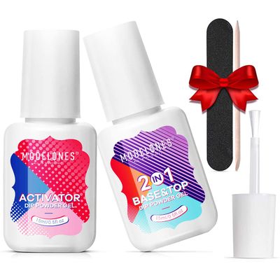 Modelones 5 Pcs Dip Powder Liquid Set with 2 in 1 Base &amp; Top Coat and Activator, Dipping Powder System Essential Kit with nail tools for French Nail Art Manicure