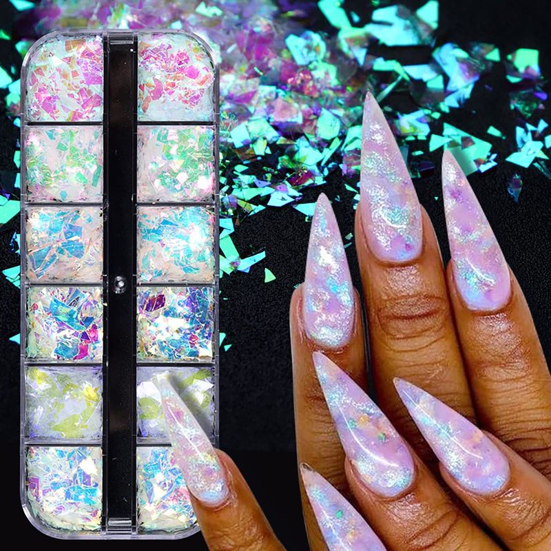 12 Grids Mermaid Nail Art Glitter Sequins 3D Holographic Irregular Fragments Cellophane Fragments Nail Sequins Colorful Fluorescent Glass Paper Nail Stickers for Women Girls Acrylic Nail Decoration