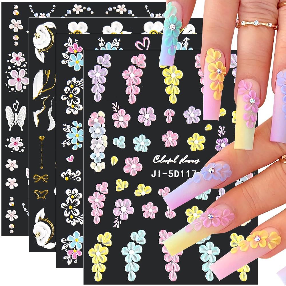 5D Embossed Flower Nail Stickers - Acrylic Carved Rose &amp; Butterfly Nail Art Decals - DIY Floral Petals Designs