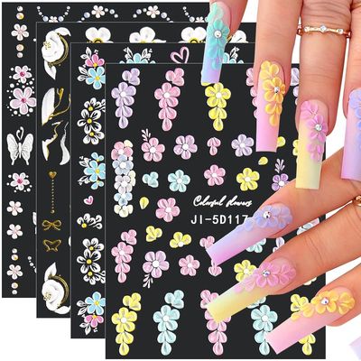5D Embossed Flower Nail Stickers - Acrylic Carved Rose &amp; Butterfly Nail Art Decals - DIY Floral Petals Designs