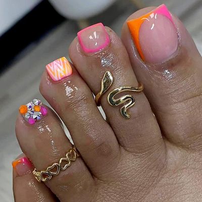 Pink French Tip Press on Toenails Square Short Orange Fake Toe Nails Summer Glitter Rhinestone False Toenails with 3D Designs Bling Diamond Acrylic Glue on Toenails Cute Stick on Toenails for Women
