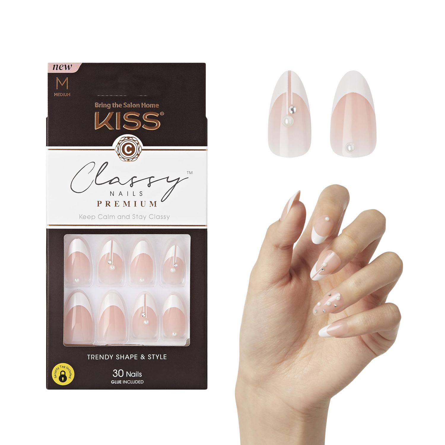 KISS Classy Nails Premium, Press-On Nails, Nail glue included, Highlights, French, Medium Size, Almond Shape, Includes 30 Nails, 2g glue, 1 Manicure Stick, 1 Mini File