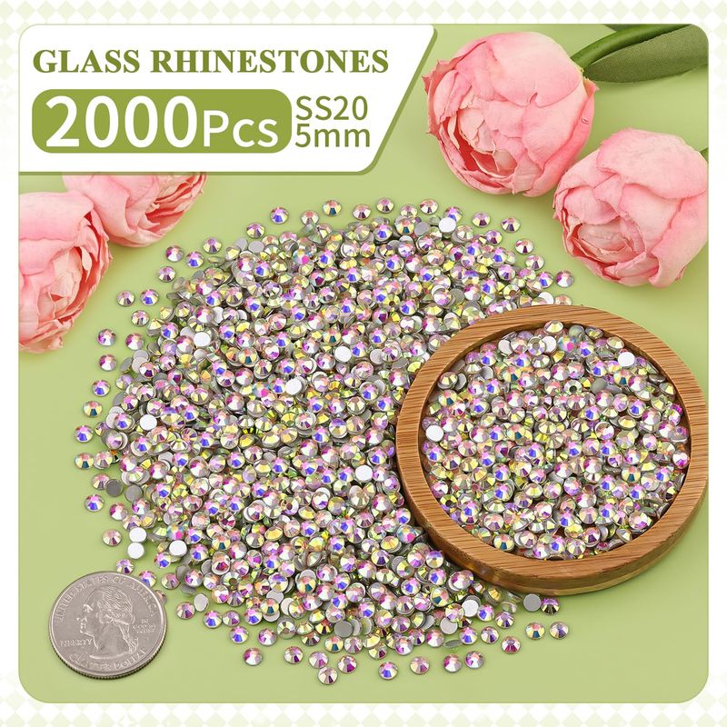 2000PCS SS20/5mm Crystal Rhinestones (Crystal AB) with 2Pcs 10ml B7000 Jewelry Glue, Bedazzling Flatback Glass Rhinestones for Crafting, Gems Diomand Charms for Tumbler Shoes Clothing Mugs Nail Art