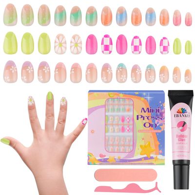 TOROKOM 78PCS Kids Press on Nails,Children Fake Nail Kit Colorful Flower Stick on Nails for Girls Full Cover Short Acrylic Nails with Jelly Nail Adhesives &amp; Nail Builder Glue for Kids 8-12 Years Old
