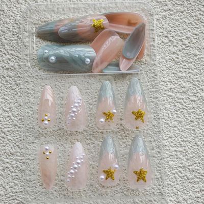 Ocean Shell Press on Nails French Tip Fake Nails with Star Pearl Design 3D Summer Glue on Nails Medium Almond False Nails Glossy Artificial Acrylic Full Cover Stick on Nails for Women Manicure 24Pcs