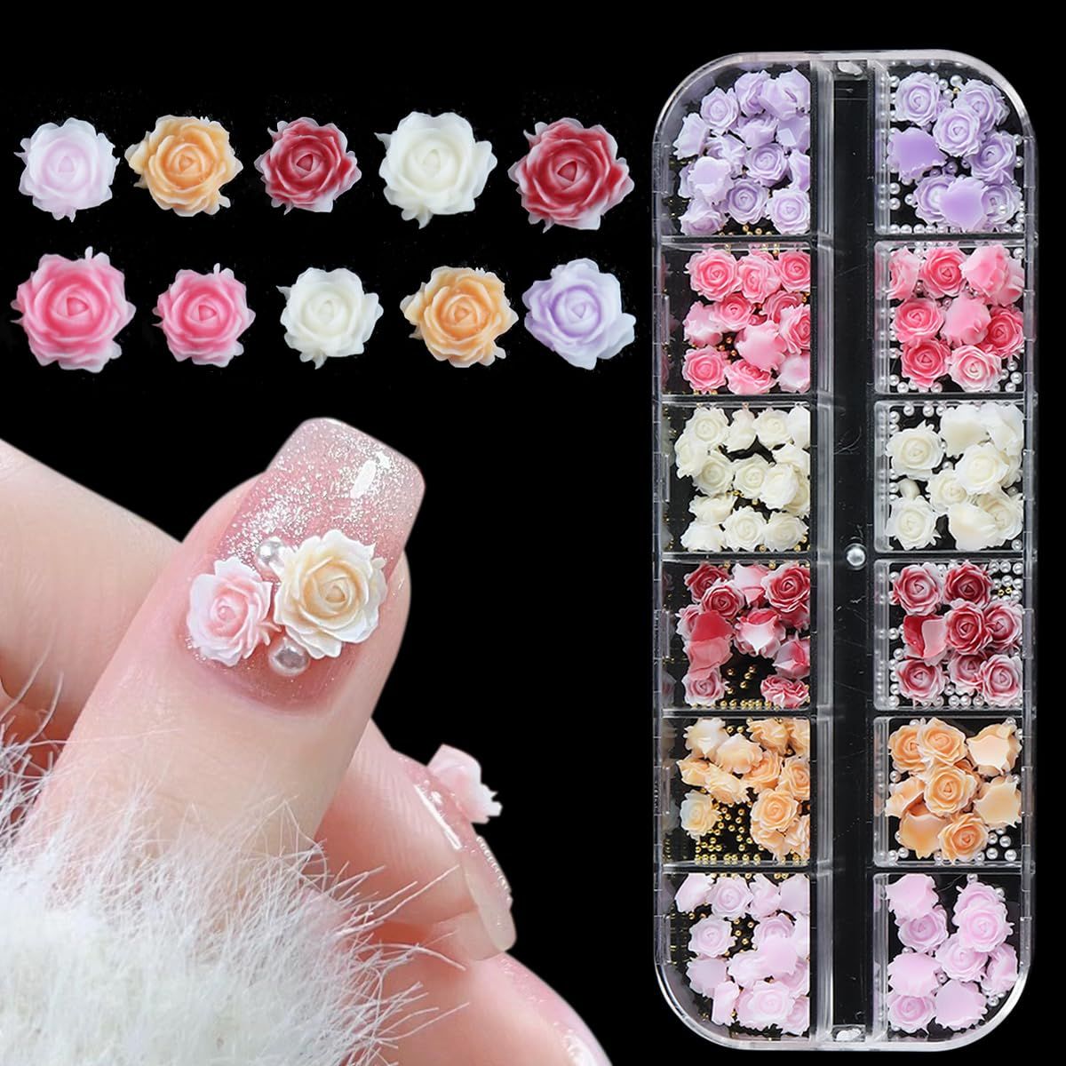 Fcozpjk 180PCS 3D Flowers Nail Charms - Flat-Back Resin Rose Camellia Flower Nail Art Decoration for Wedding Bride Manicure Supplies