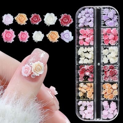 Fcozpjk 180PCS 3D Flowers Nail Charms - Flat-Back Resin Rose Camellia Flower Nail Art Decoration for Wedding Bride Manicure Supplies