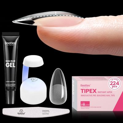 Beetles Tipex Gel Nail Kit, Medium Almond Nail Tips 224 Pcs 16 Sizes Pre-Building Pre-Etched False Nail Tips with Tipex Nail Glue, Mini Nail Lamp Thick Acrylic Nail Set for Women