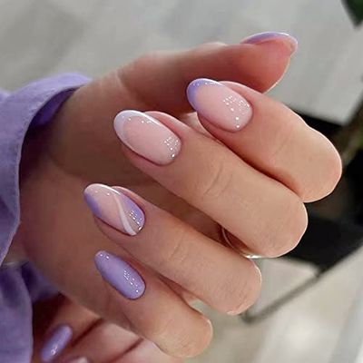 IMSOHOT Glossy Press on Nails Short Oval Fake Nails Round Purple Glue on Nails French Tip False Nails Full Cover Spring Summer Acrylic Nails 24Pcs
