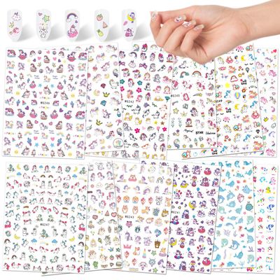 Konsait Nail Stickers Decals (1200 Designs), Self Adhesive 3D Nail Art Stickers Rainbow Diamond Nail Tips Decorations Manicure Decor for Kids Girls Birthday Party Favor Nail Salon Gift