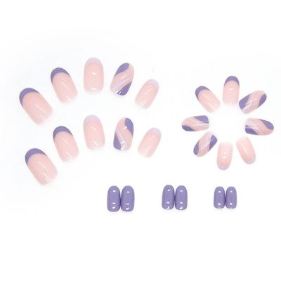 IMSOHOT Glossy Press on Nails Short Oval Fake Nails Round Purple Glue on Nails French Tip False Nails Full Cover Spring Summer Acrylic Nails 24Pcs