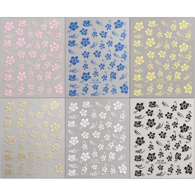 FSpronail Hibiscus Flower Nail Stickers, 6PCS Hibiscus Flowers Nail Decals 3D Self-Adhesive White Pink Colorful Hawaiian Floral Sticker for Nails Cherry Blossom Nail Design Summer Decoration Manicure