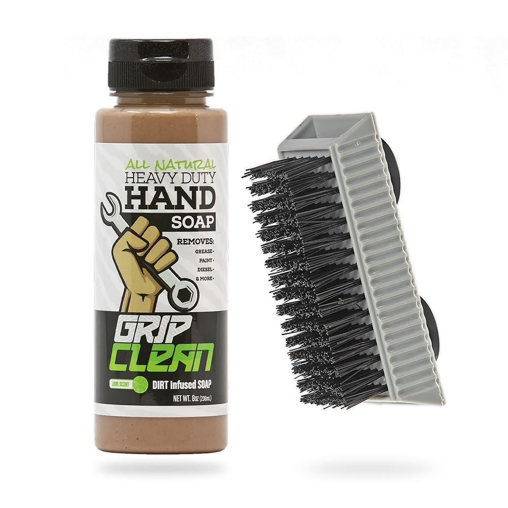 Grip Clean Squeeze Bottle &amp; Brush Combo - Heavy-Duty Degreaser Hand Cleaner &amp; Nail Brush Set - Tackle Grease, Oil, &amp; Grime with Natural Pumice Soap &amp; Nail Cleaning Scrub for Clean Hands &amp; Nails