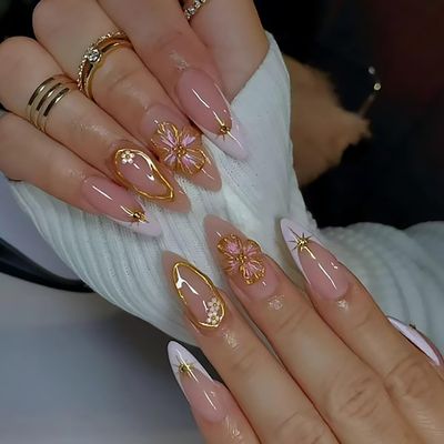 Spring Press on Almond Nails Medium Glossy Full Cover Almond French False Nails with Floral Designs Artificial Almond Shaped Fake Nails with Charms Glue Stick ons Fingernails for Women Girls(Z940)
