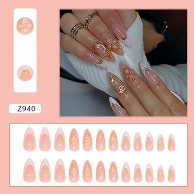 Spring Press on Almond Nails Medium Glossy Full Cover Almond French False Nails with Floral Designs Artificial Almond Shaped Fake Nails with Charms Glue Stick ons Fingernails for Women Girls(Z940)