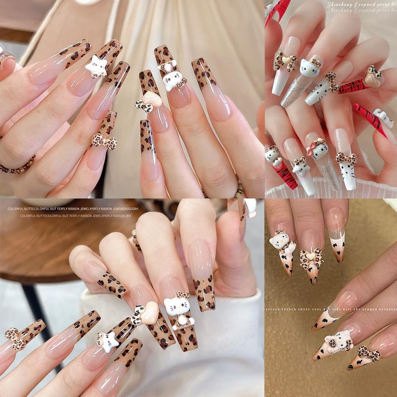 Cute 3D Nail Charms 60Pcs Cartoon Leopard Print Cat Nail Art Charms Jewelry Supply Kawaii 3D Leopard Print Cat Nail Gems Rhinestones for Acrylic Nails DIY Craft Phone Case Decoration