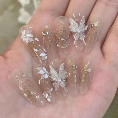 Rchovsam 3D Butterfly Press on Nails Long Almond False Nails Press Ons White Floral Design Fake Nails Butterfly Stick on Nails Full Cover Acrylic Artificial Nails Gift for Women 24pcs