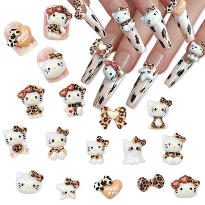 Cute 3D Nail Charms 60Pcs Cartoon Leopard Print Cat Nail Art Charms Jewelry Supply Kawaii 3D Leopard Print Cat Nail Gems Rhinestones for Acrylic Nails DIY Craft Phone Case Decoration