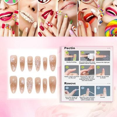 Rchovsam 3D Butterfly Press on Nails Long Almond False Nails Press Ons White Floral Design Fake Nails Butterfly Stick on Nails Full Cover Acrylic Artificial Nails Gift for Women 24pcs