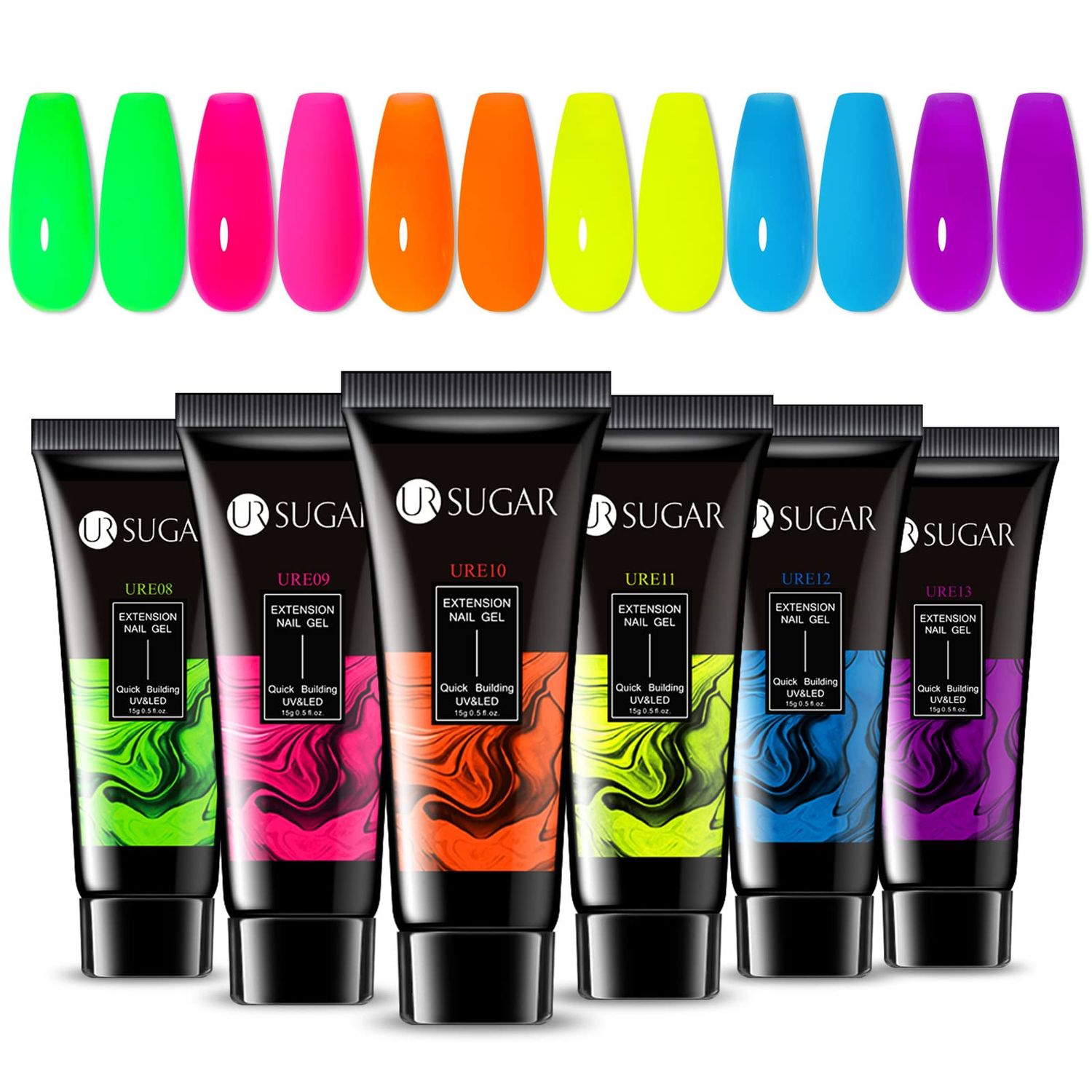 UR SUGAR Neon Poly Nail Gel Set - 6 Colors Halloween Pink Neon Green Yellow Orange Bright Colors Spring Summer Poly Extension Nail Gel Polish Kit Long Lasting Soak Off Gel Polish Gift Box