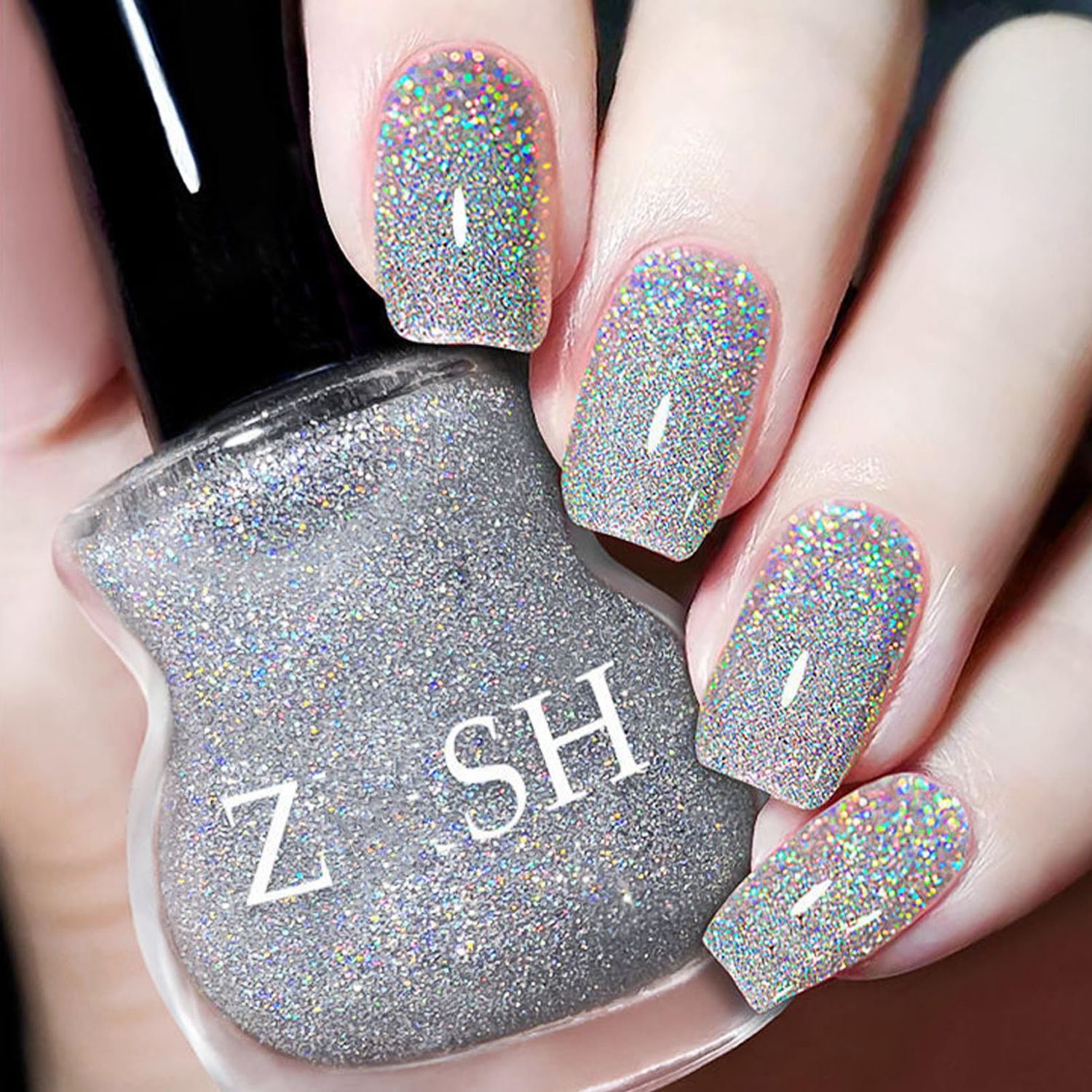 Translucent Silver Glitter Nail Polish - Air Dry, Rainbow Glitter Effect Top Coat, Quick Dry, Silver Shiny Reflective Gel Polish for Beginner Manicure at Home, 15 ML