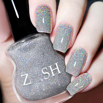 Translucent Silver Glitter Nail Polish - Air Dry, Rainbow Glitter Effect Top Coat, Quick Dry, Silver Shiny Reflective Gel Polish for Beginner Manicure at Home, 15 ML
