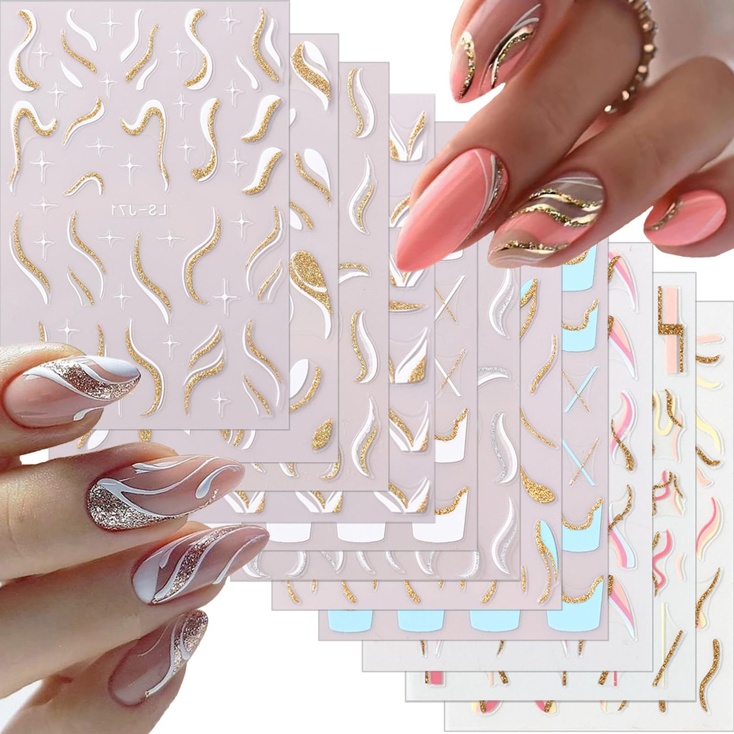 French Shining Line Nail Art Stickers - Gold Metal Curve Wavy Stripe Decals, 3D Glitter Lines, DIY Nail Manicure Decoration for Women
