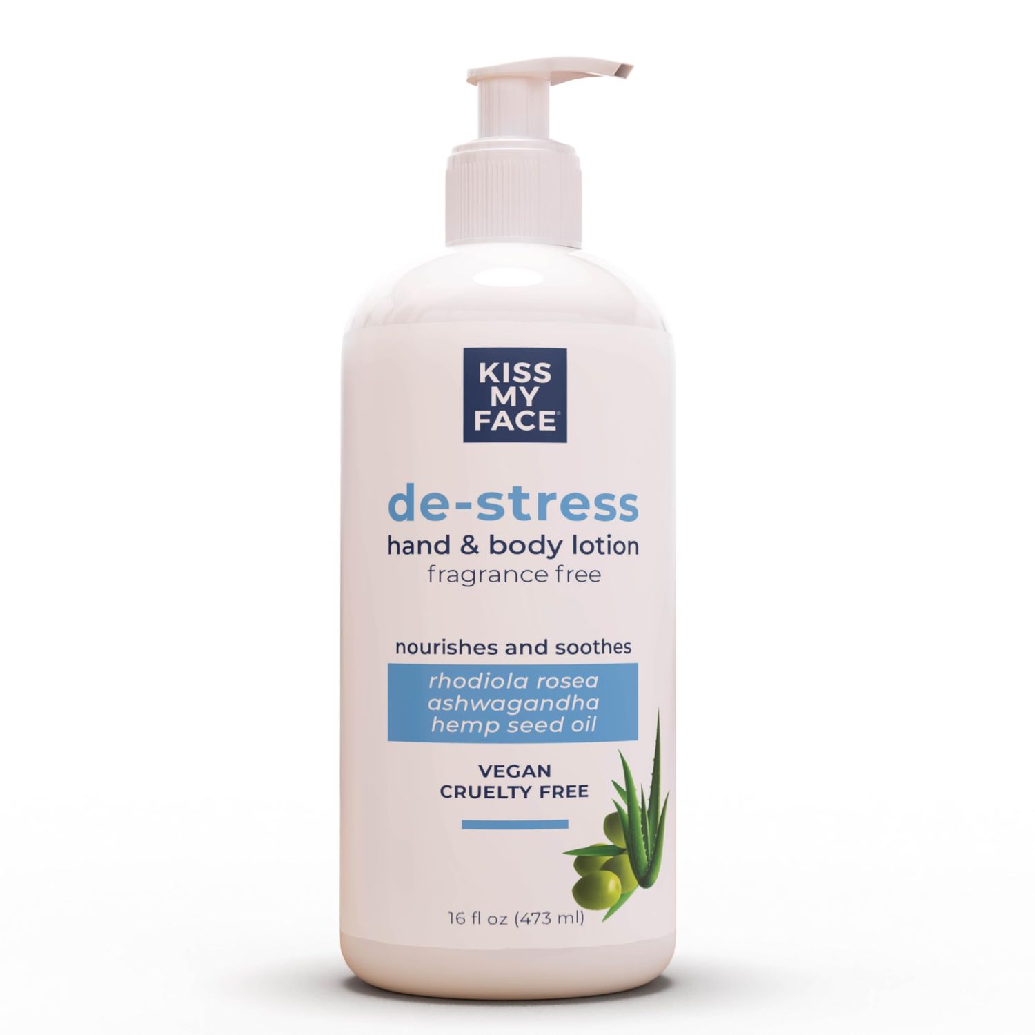 Kiss My Face De-Stress Hand &amp; Body Lotion Fragrance Free - Hypoallergenic, Cruelty-Free, Vegan Lotion for Dry Skin - 16 oz Bottle with Pump (Fragrance Free, Pack of 1)
