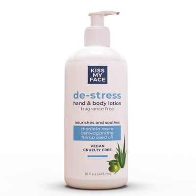 Kiss My Face De-Stress Hand &amp; Body Lotion Fragrance Free - Hypoallergenic, Cruelty-Free, Vegan Lotion for Dry Skin - 16 oz Bottle with Pump (Fragrance Free, Pack of 1)