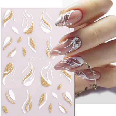 French Shining Line Nail Art Stickers - Gold Metal Curve Wavy Stripe Decals, 3D Glitter Lines, DIY Nail Manicure Decoration for Women