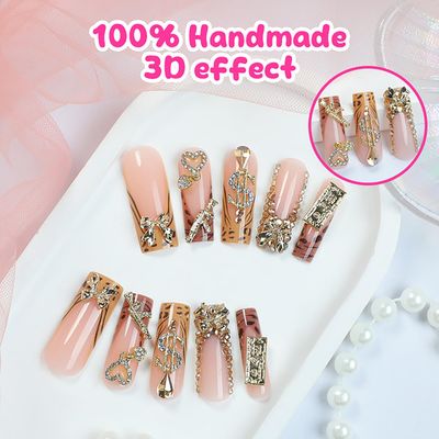 FIEONCIY Press on Nails Long Coffin Shaped Acrylic Glossy Full Cover Long Square French False Nails with Designs Artificial Extra Long Fake Nails with Charms Glue ons Fingernails for Women(XG10114)