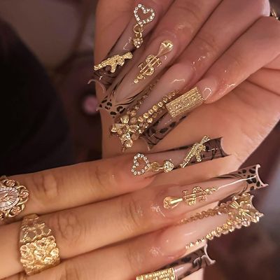 FIEONCIY Press on Nails Long Coffin Shaped Acrylic Glossy Full Cover Long Square French False Nails with Designs Artificial Extra Long Fake Nails with Charms Glue ons Fingernails for Women(XG10114)