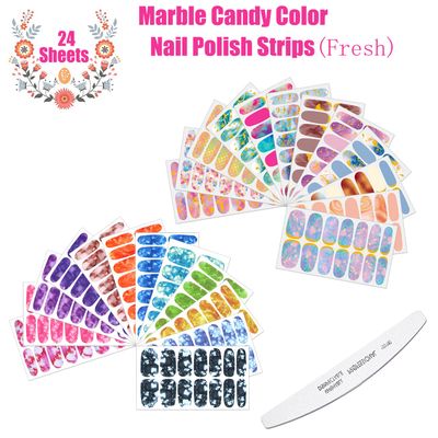 JERCLITY 336 Pieces 24 Sheets Womens Full Wrap Marble Nail Polish Strips Stickers Self-Adhesive Solid Color Gel Nail Strips Decals with Nail File for Women Girls Nail Decorations (Fresh Style)